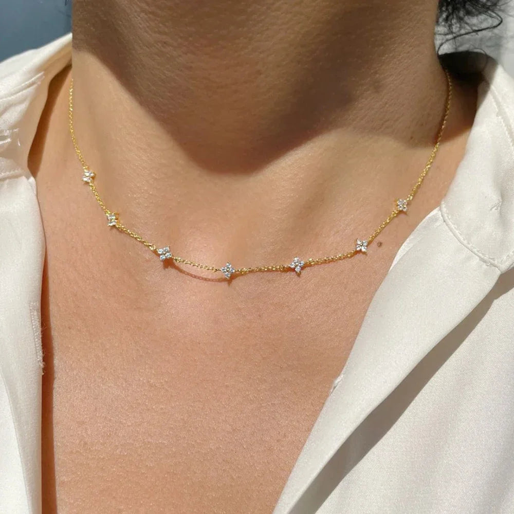 18K Gold Zircon Four Leaf Clover Necklace Stainless Steel Luxury