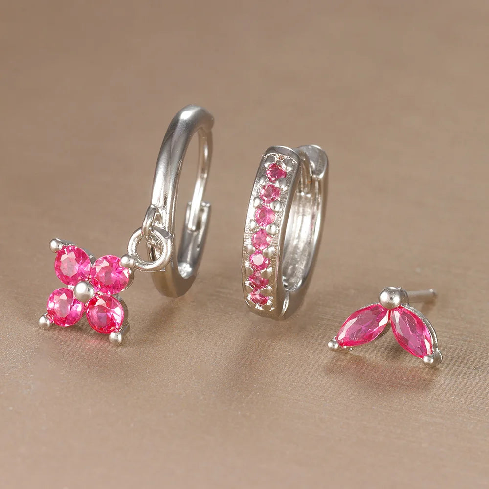 3PCS Flower Drop Earrings Set Zircon Stainless Steel Women