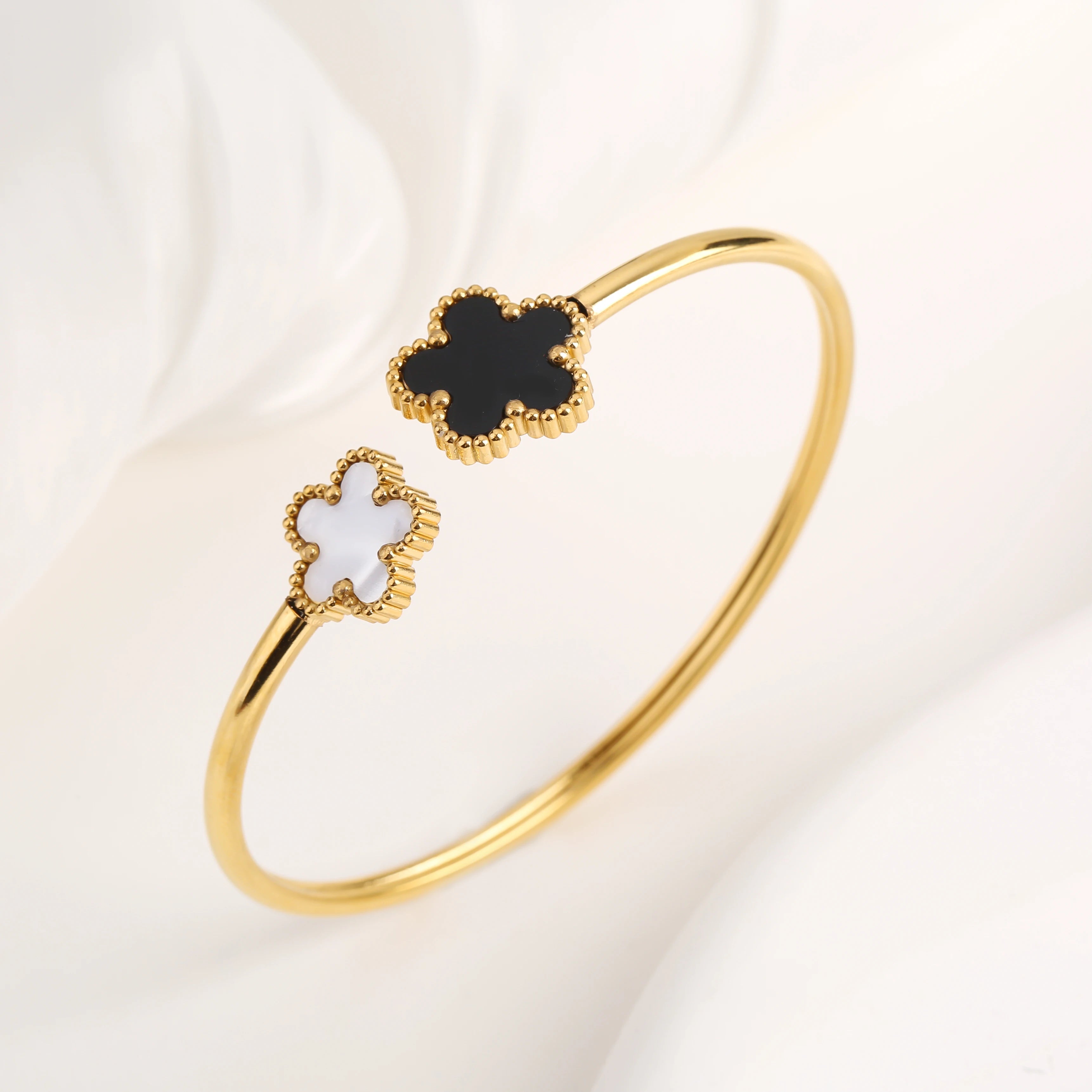Lucky Five Leaf Clover Jewelry Set Stainless Steel Bangle Ring Women