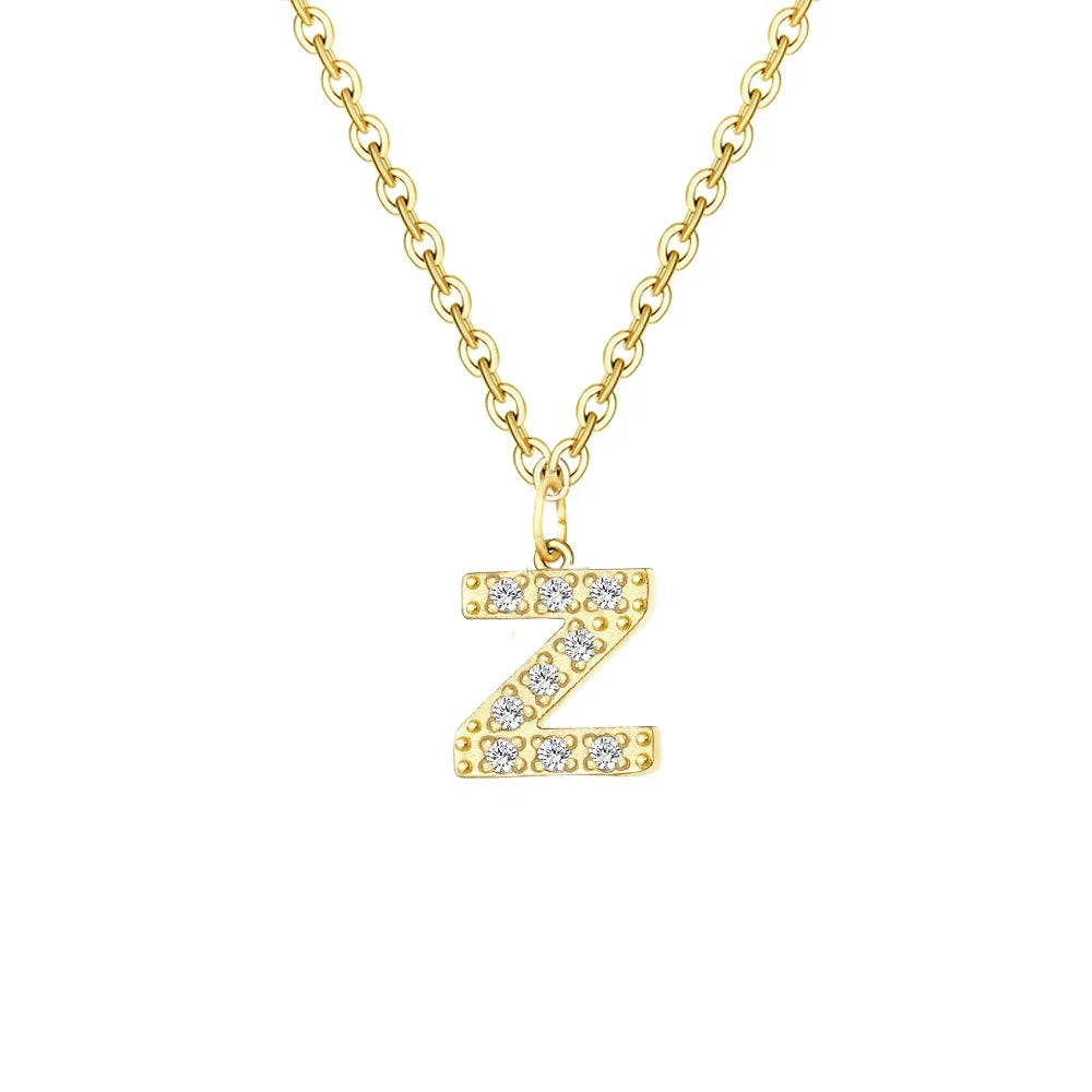 Gold Zircon Initial Necklace A-Z Stainless Steel Letter Pendant Women