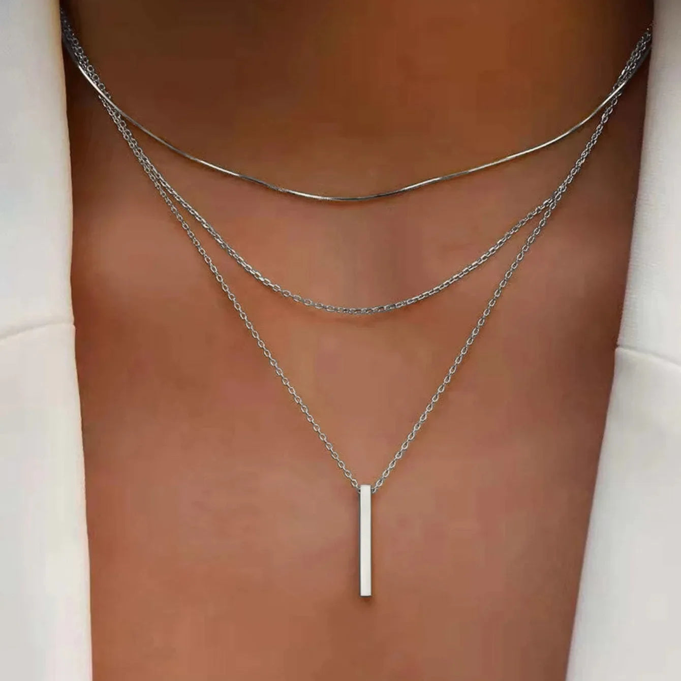 925 Sterling Silver Three Layer Necklace Simple Strip Pendant Women