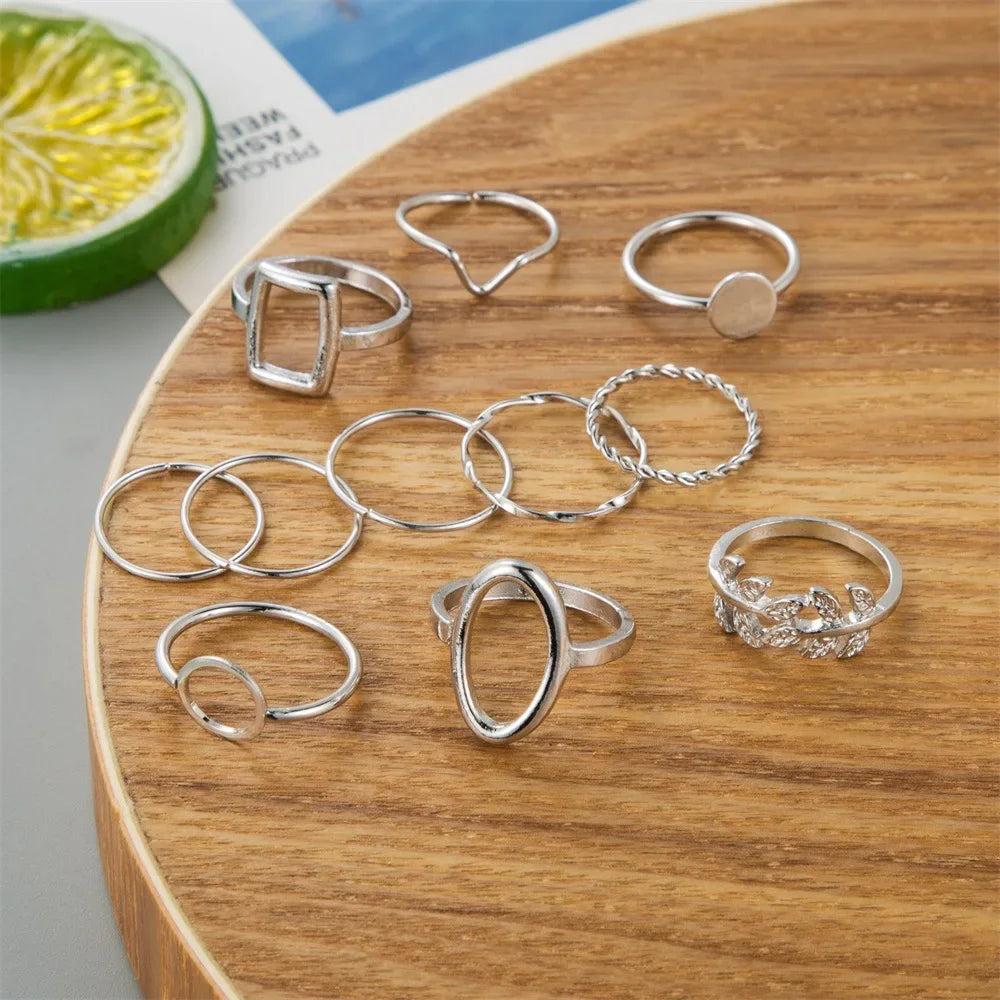 Creative Geometric Leaf Wave Ring Set 11pcs Fashion Knuckle Jewelry