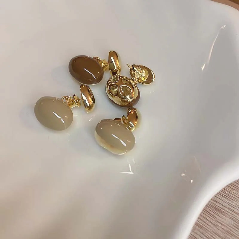 Vintage Enamel Oval Dangle Earrings Coffee Color Two Way Wear