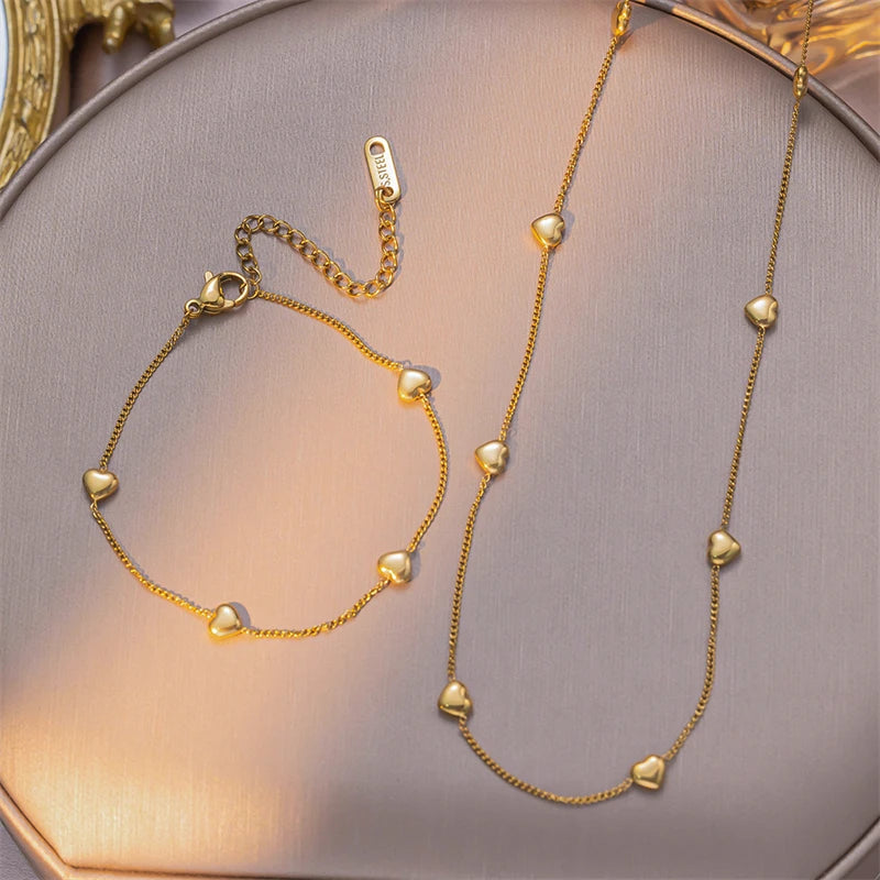 316L Stainless Steel Heart Charm Necklace Bracelet Set Waterproof
