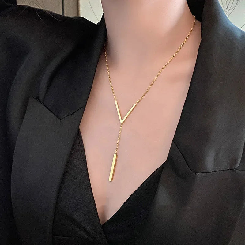 Stylish Long V Necklace Gold Vertical Bar Pendant Women 2024