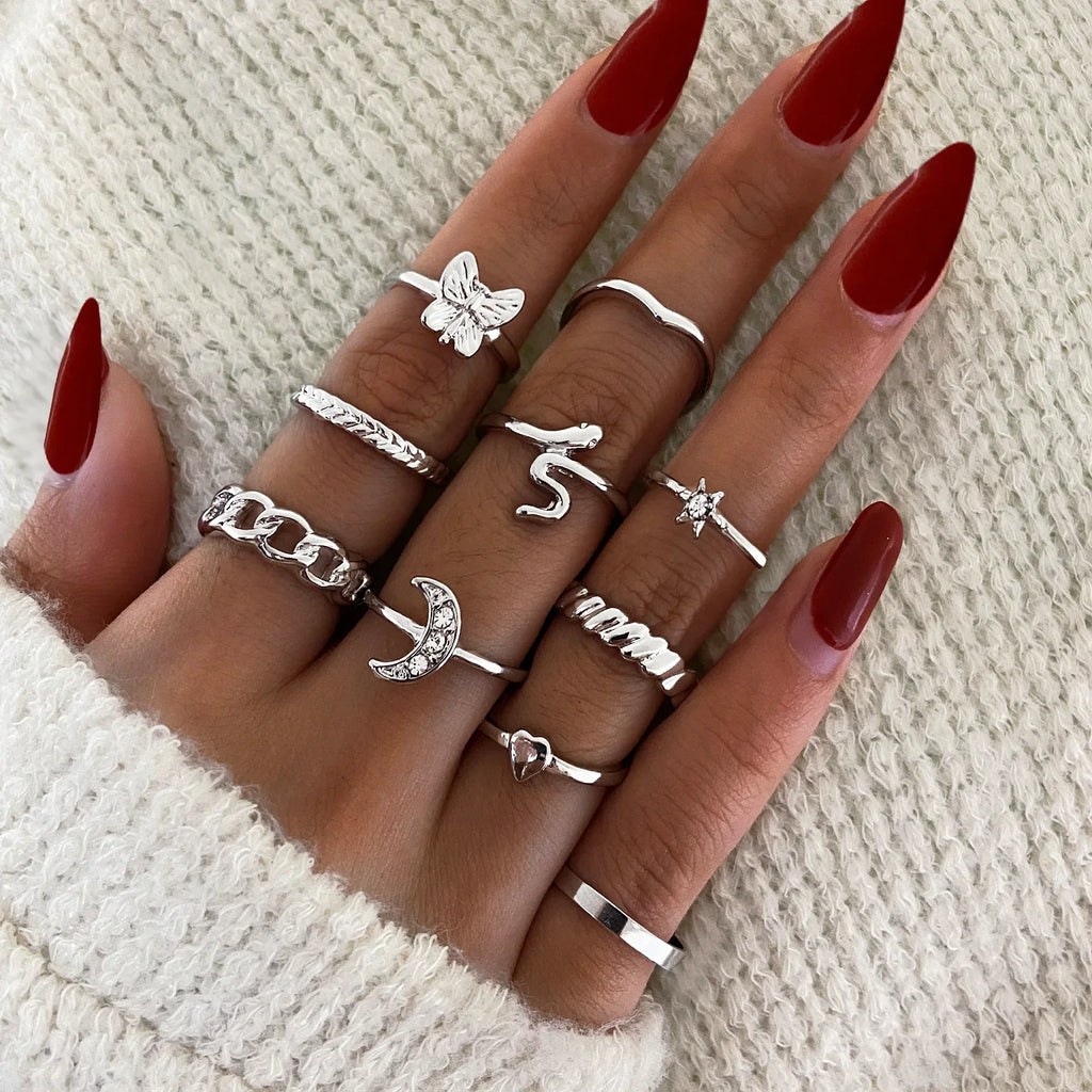 Creative Geometric Leaf Wave Ring Set 11pcs Fashion Knuckle Jewelry