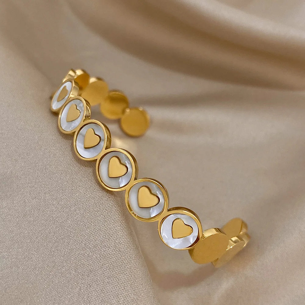 Elegant White Shell Heart Bracelet Gold Plated Bangle for Women