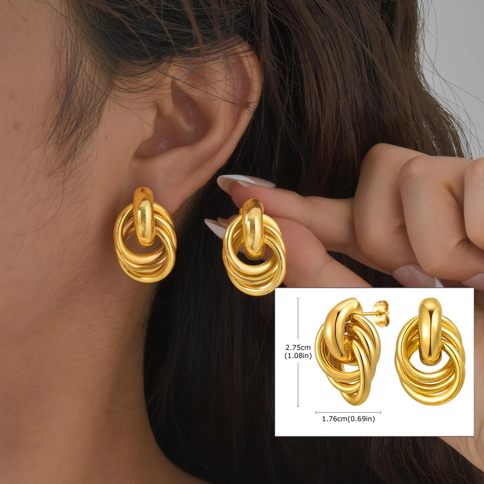 Double Circle Hoop Earrings 14K Gold Stainless Steel Chunky Women