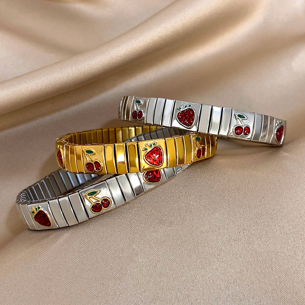 Gold Stainless Steel Strawberry Cherry Elastic Bangle Bracelet Trendy