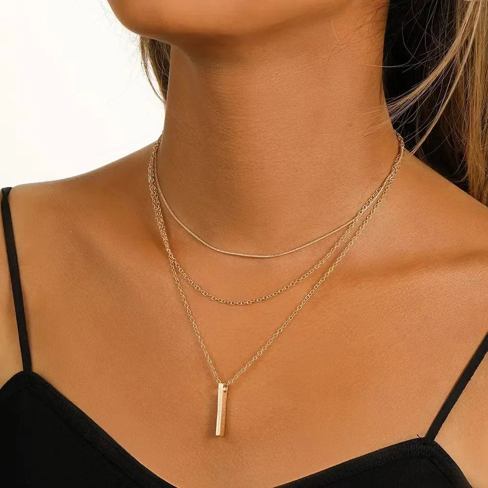925 Sterling Silver Three Layer Necklace Simple Strip Pendant Women