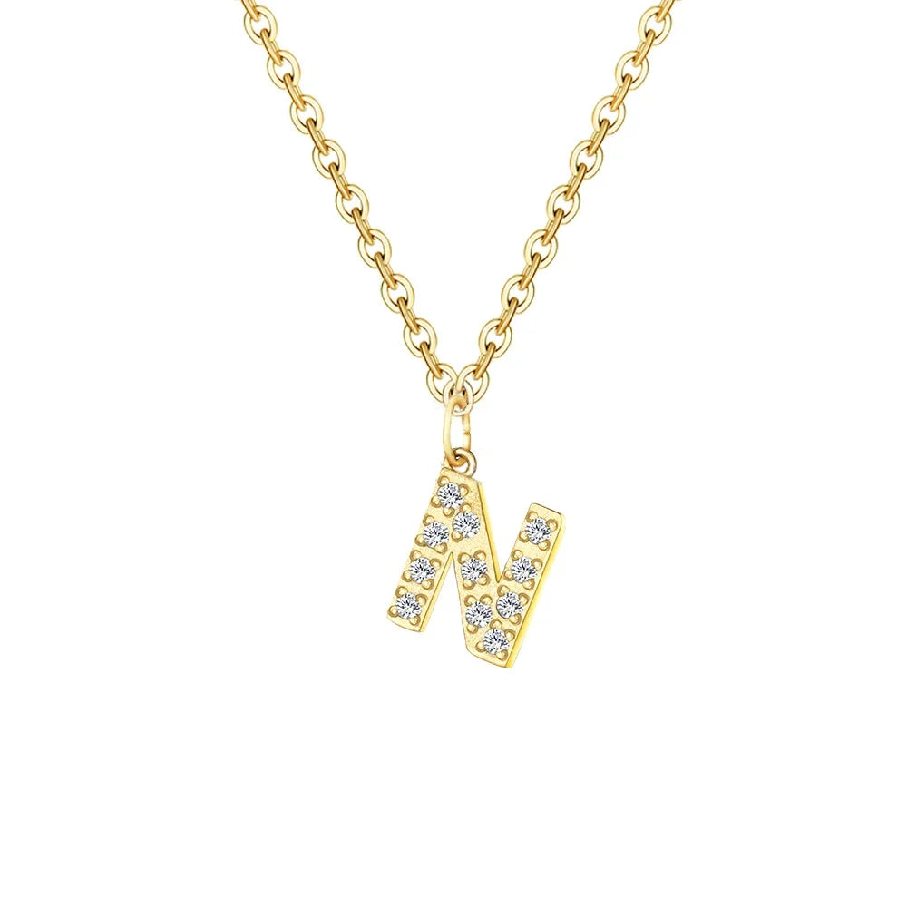 Gold Zircon Initial Necklace A-Z Stainless Steel Letter Pendant Women