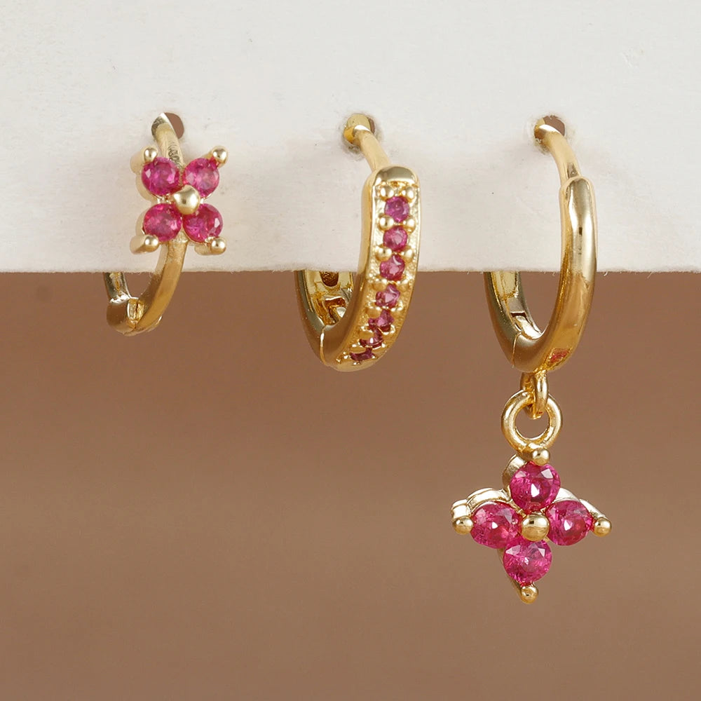 3PCS Flower Drop Earrings Set Zircon Stainless Steel Women
