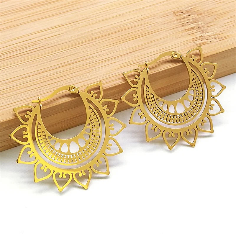 Indian Mandala Lotus Hoop Earrings Gold Stainless Steel Women