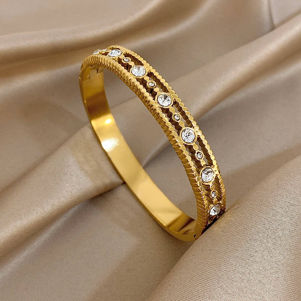 Gold Zircon Geometric Cuff Bracelet Stainless Steel Waterproof Unisex