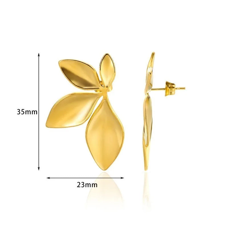 Leaf Shaped Floral Stud Earrings Stainless Steel Elegant Women