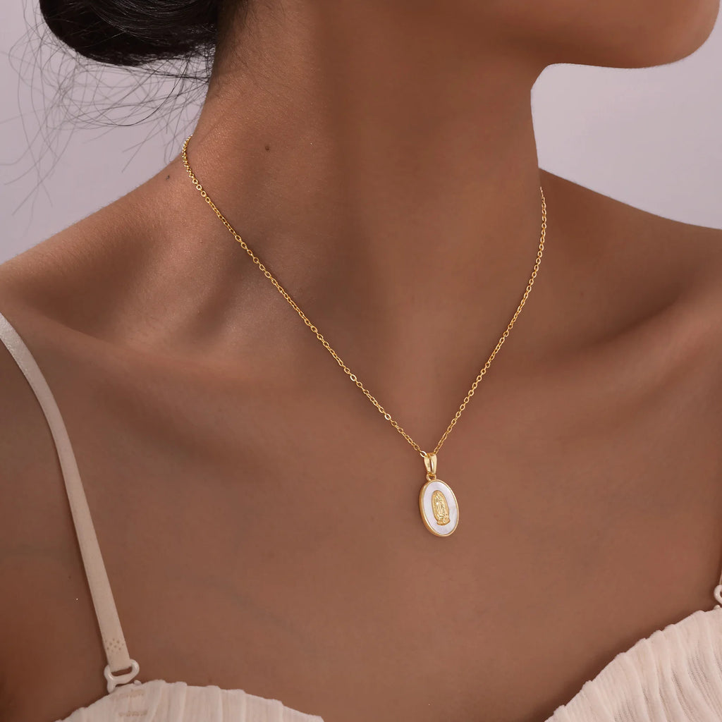 Elegant Guadalupe Mary Pendant Necklace with Sparkling Zircon Inlay
