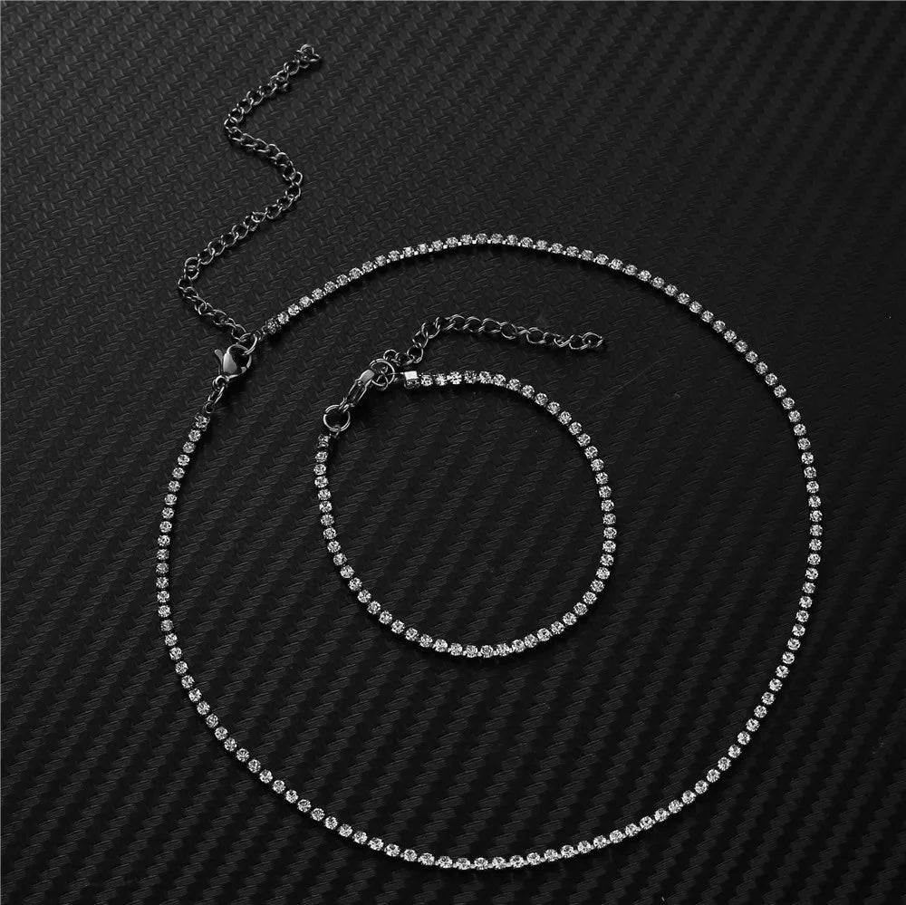 Bold Iced Out Necklace Bracelet Set Stainless Steel Women