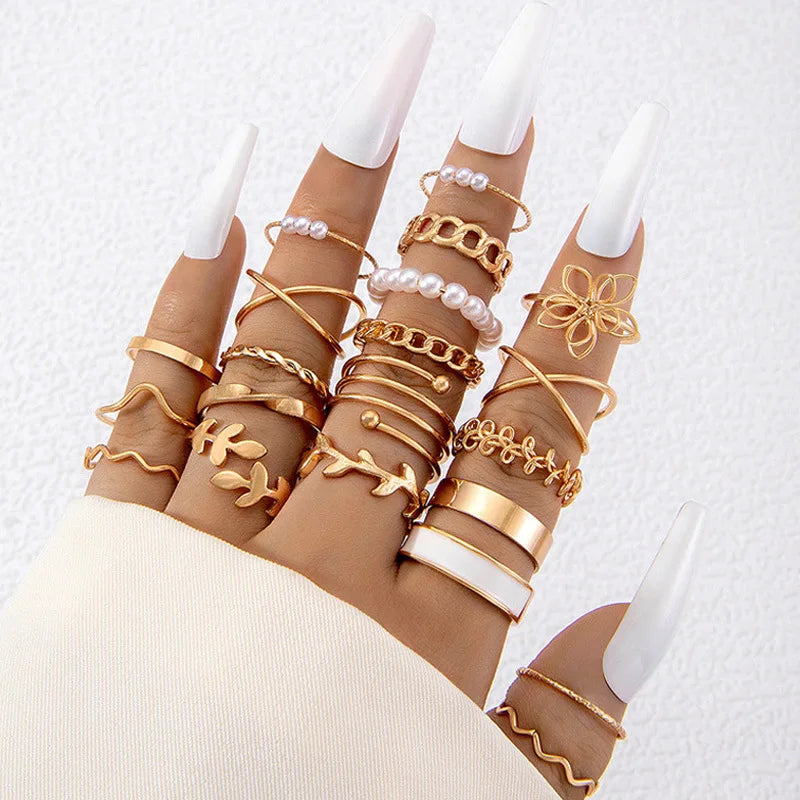 Trendy 21Pcs Gold Ring Set Vintage Geometric Hollow Design Women