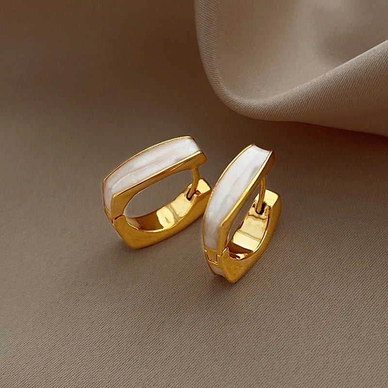 Minimalist Geometric Hoop Earrings with White Enamel for Women