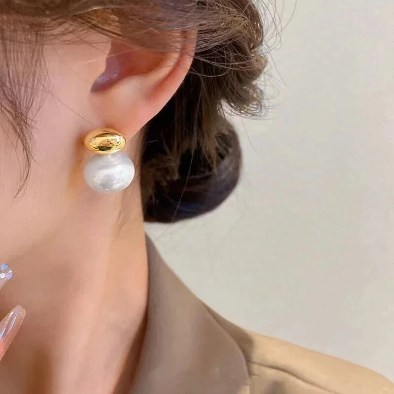 French Gold Bean Pearl Earrings Elegant Korean Style Women Jewelry