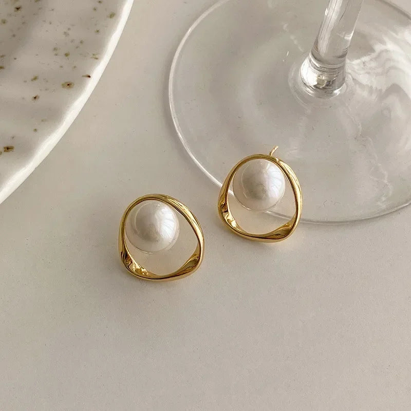 Irregular Pearl Stud Earrings Gold Korean Style Delicate Women