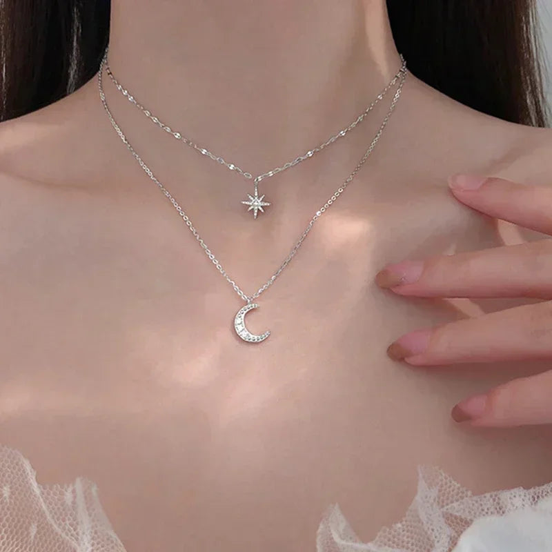 Silver Double Layer Star Moon Necklace Zircon Choker for Women