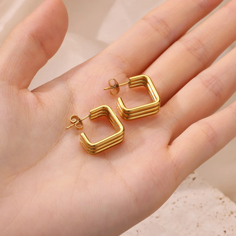 Elegant Square Earrings Gold Color Stainless Steel Stud Jewelry