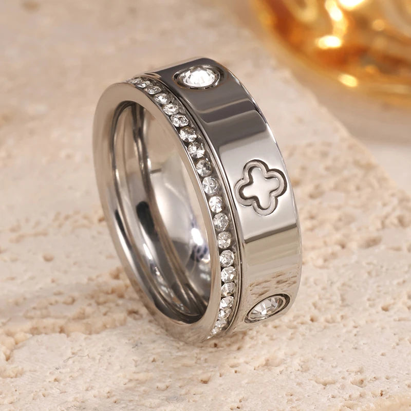 2PCS Clover Rings Set Zircon Stainless Steel Shiny Women