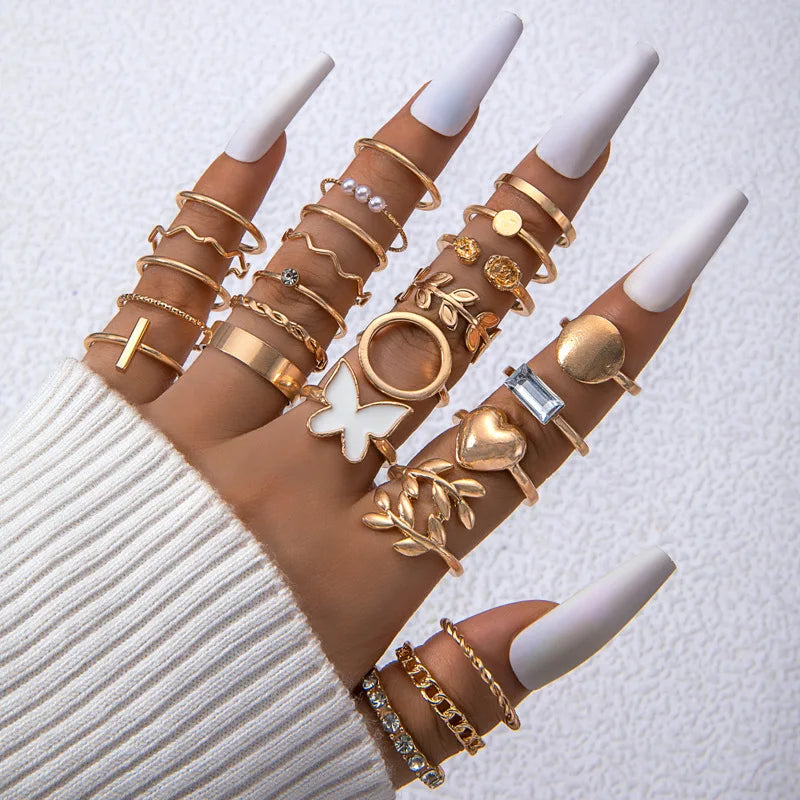 Trendy 21Pcs Gold Ring Set Vintage Geometric Hollow Design Women