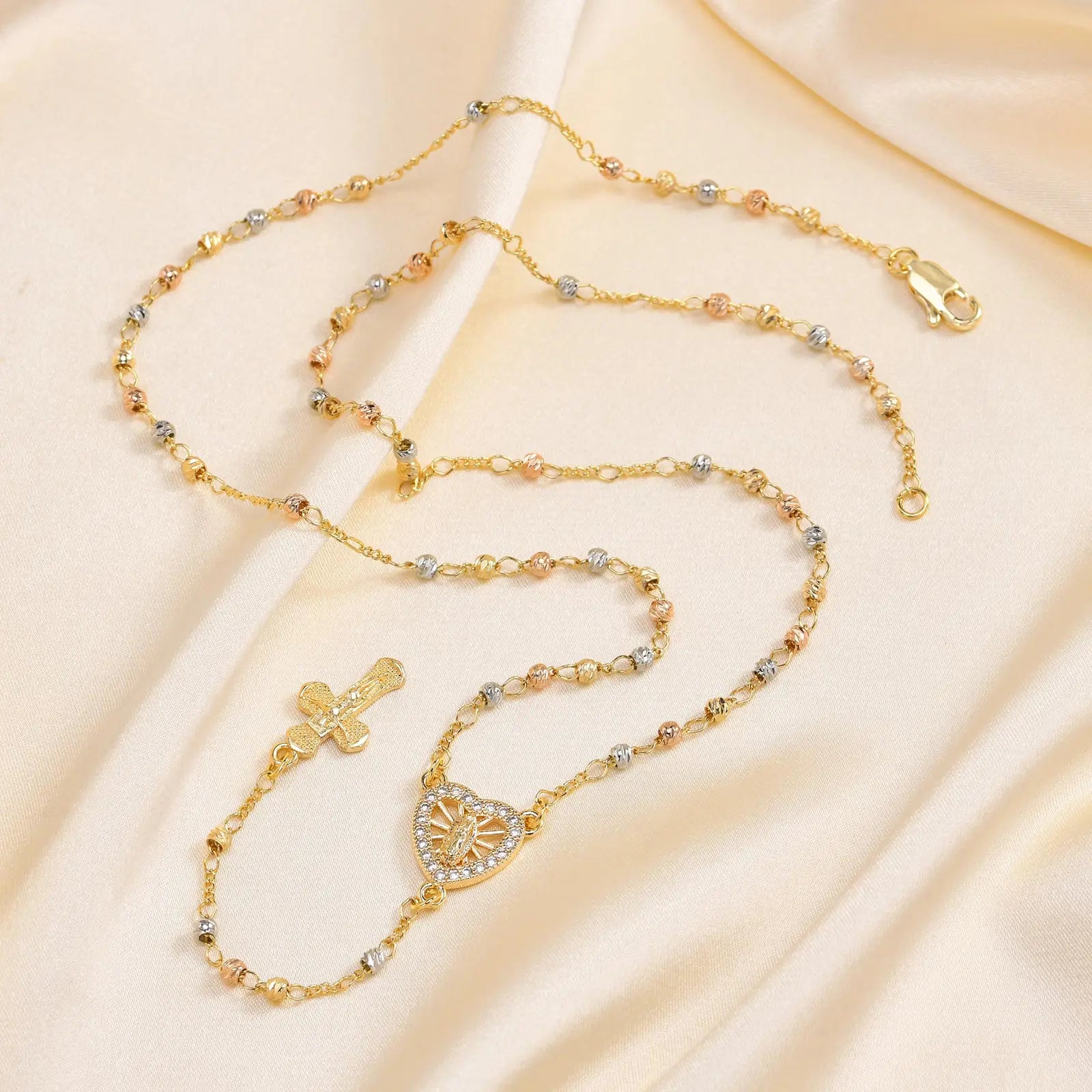 Elegant Virgin Mary Rosary Necklace with Gold Plated Cross for Daily Wear