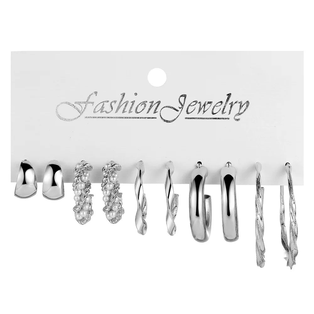 Stylish Boho Earring Set Big Hoops Pearl Square Heart Zircon Design