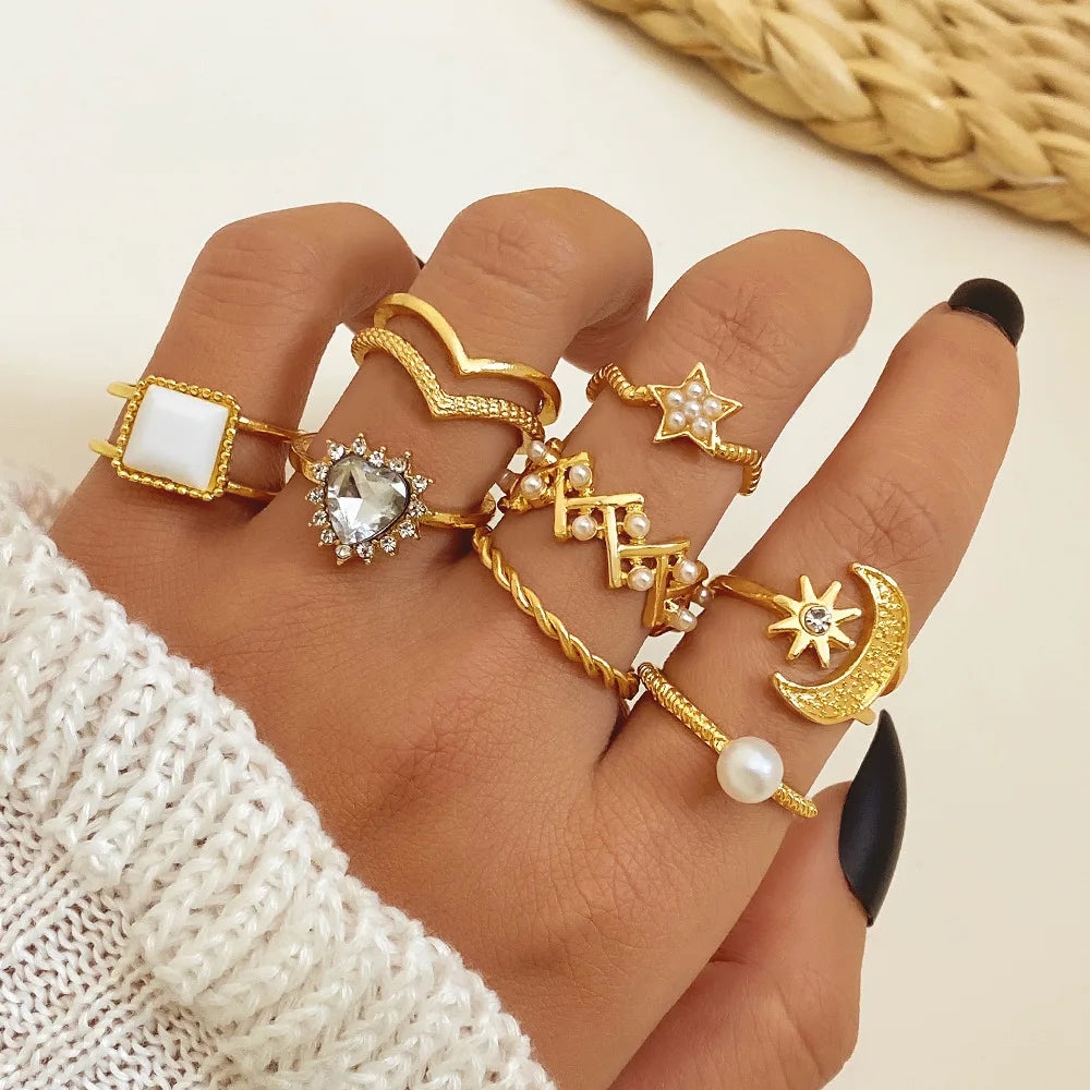 Trendy 21Pcs Gold Ring Set Vintage Geometric Hollow Design Women