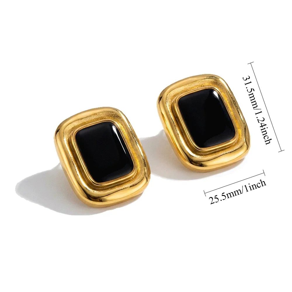 Black Stone Stud Earrings Chunky 18K Gold Women Jewelry