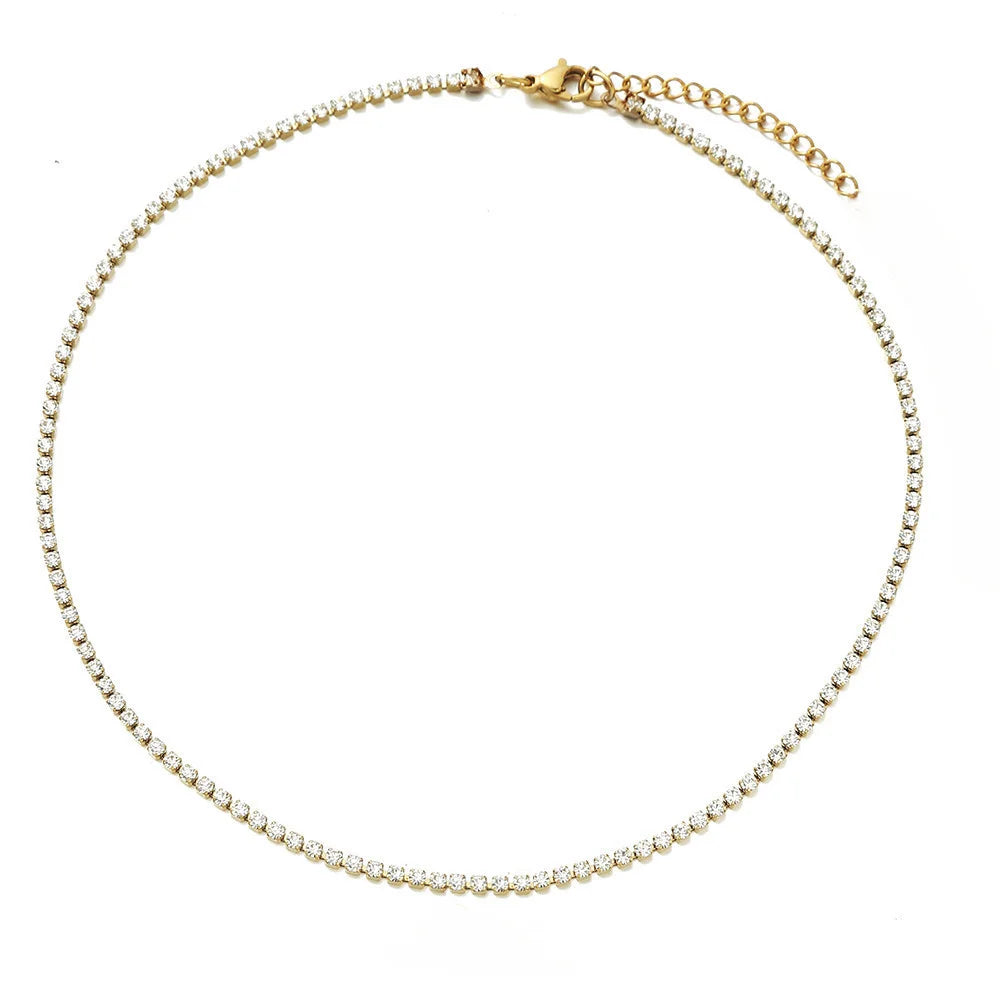 Elegant Tennis Choker Necklace Zircon Gold Silver Women Chain
