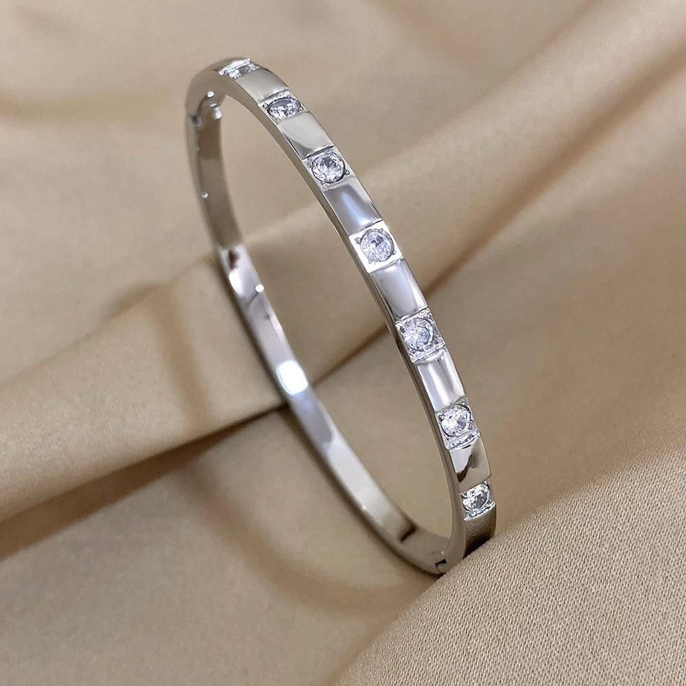 Gold Plated Rhinestone Square Bangle Stainless Steel Waterproof