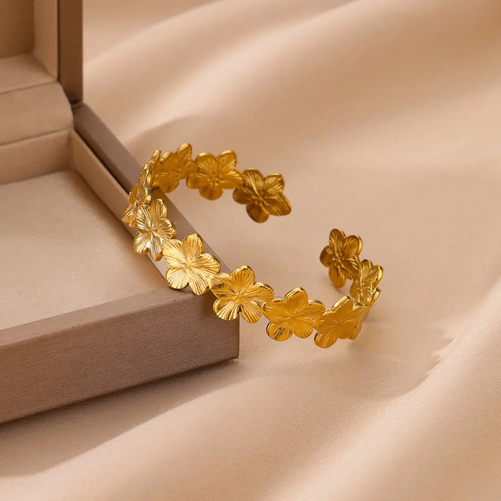 Gold Flower Cuff Bracelet Stainless Steel Floral Bangle for Women
