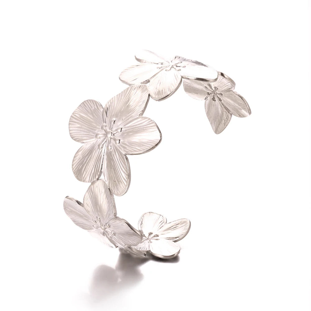 Gold Flower Cuff Bracelet Stainless Steel Floral Bangle for Women