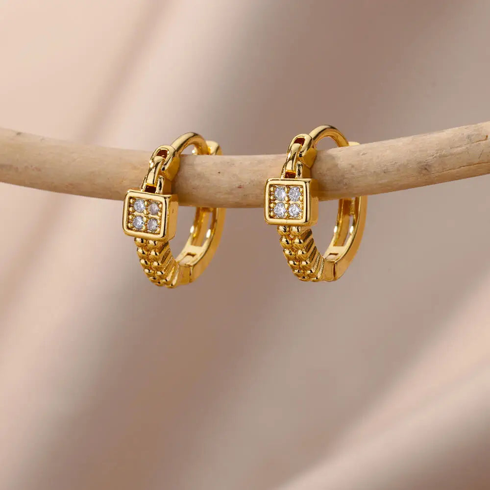 Elegant Small Gold Tone Earrings Square and Round Stainless Steel