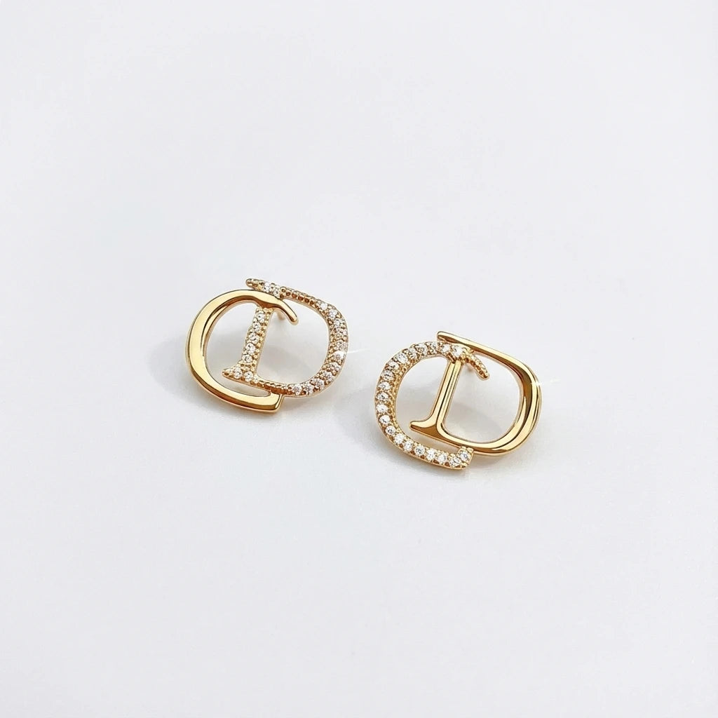 Trendy Double D Letter Earrings Rhinestone Gold Women Jewelry
