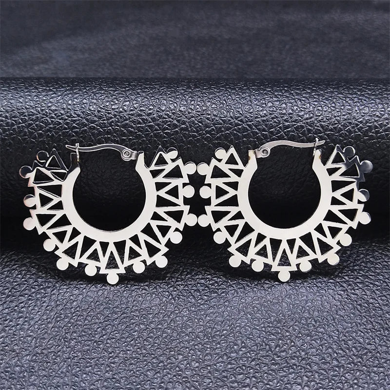 Indian Mandala Lotus Hoop Earrings Gold Stainless Steel Women