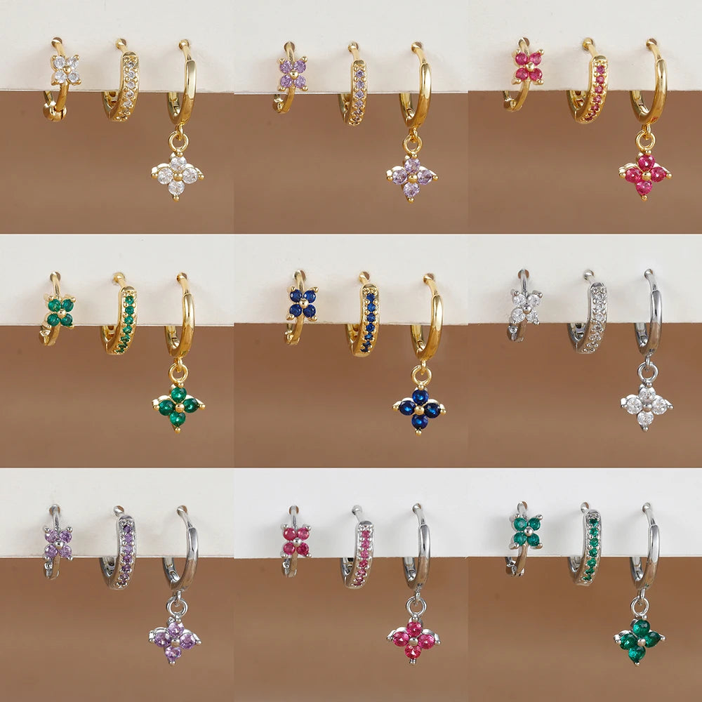 3PCS Flower Drop Earrings Set Zircon Stainless Steel Women