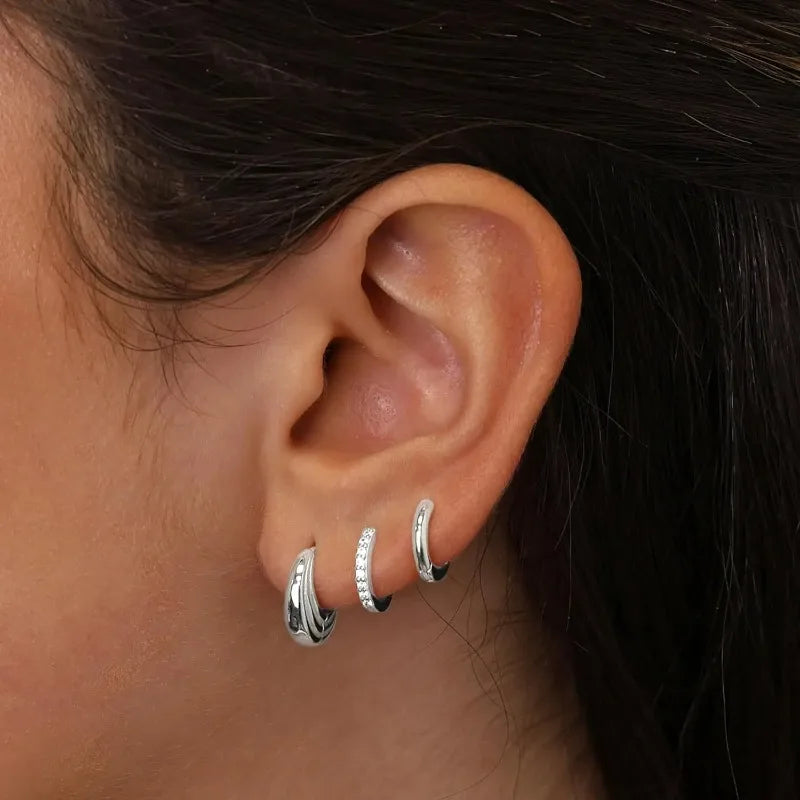 3 Pairs Zircon Hoop Earrings Gold Stainless Steel Trendy Women