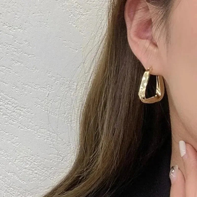 Gold Geometric U-Shaped Twisted Square Hoop Earrings for Women Trendy