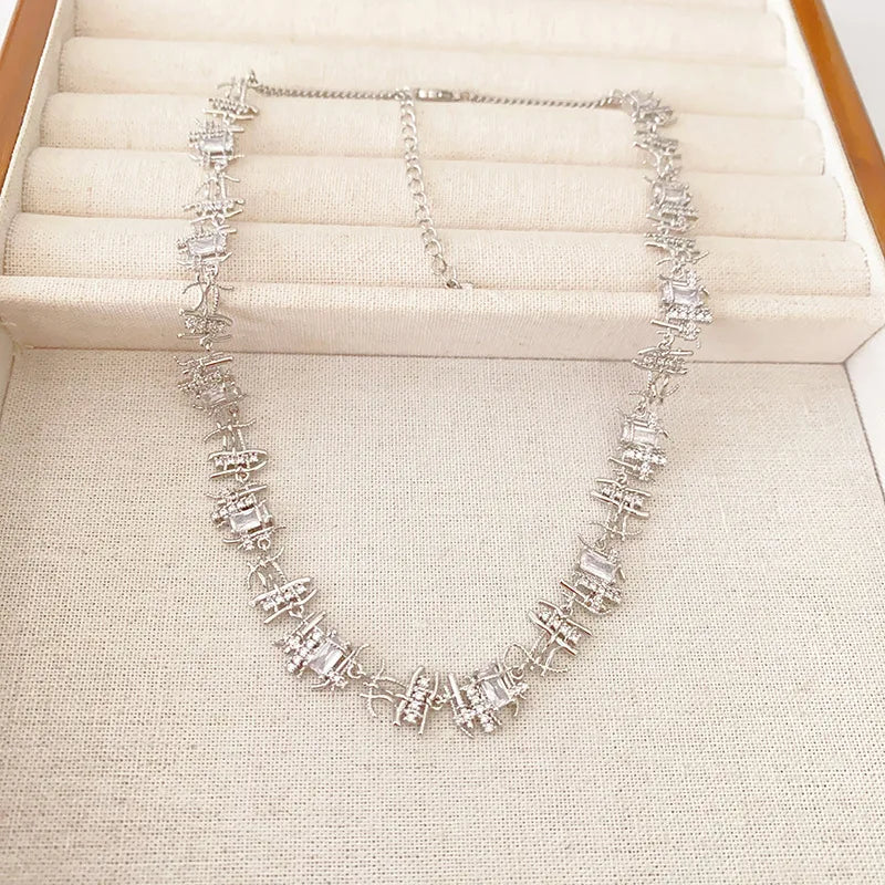 Elegant 925 Silver Necklace Earrings Set Zircon Vintage