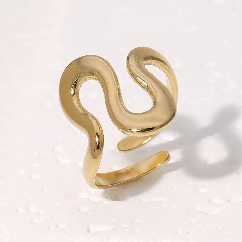 Stylish Irregular Wave Ring Adjustable Gold Tone Statement Ring