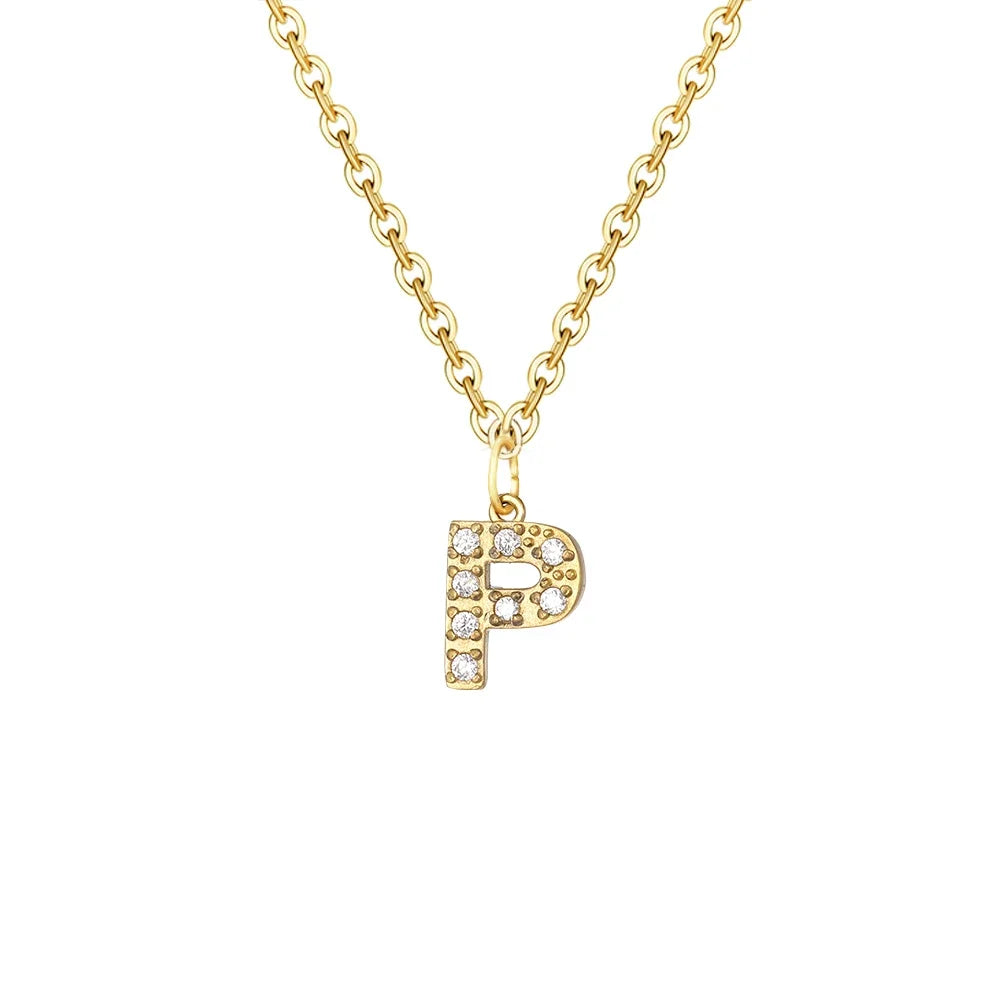 Gold Zircon Initial Necklace A-Z Stainless Steel Letter Pendant Women