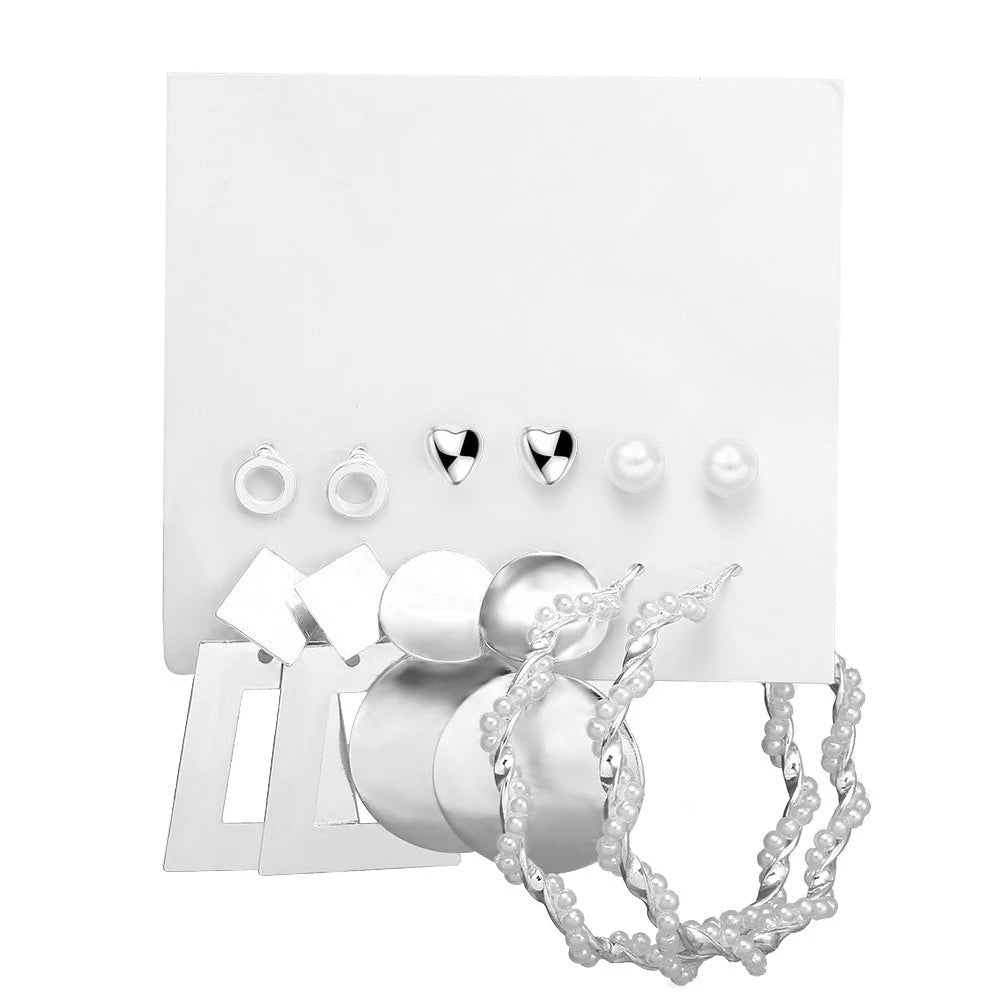 Stylish Boho Earring Set Big Hoops Pearl Square Heart Zircon Design