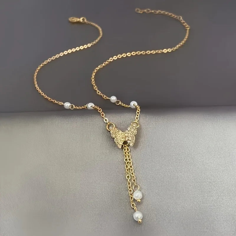 Delicate Butterfly Pendant Necklace with Tassel Elegant Design