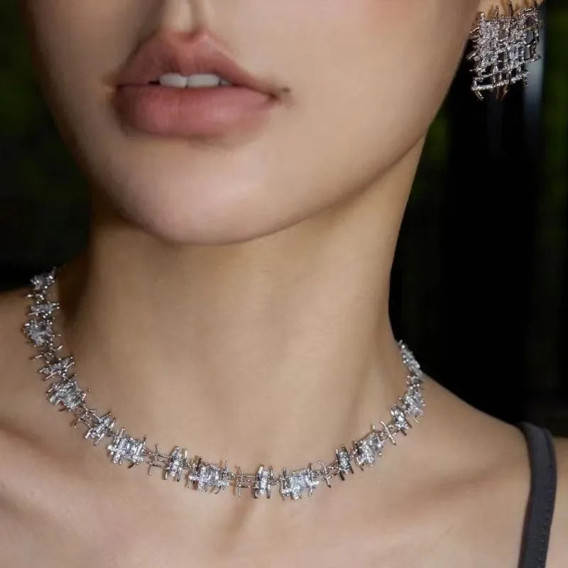 Elegant 925 Silver Necklace Earrings Set Zircon Vintage