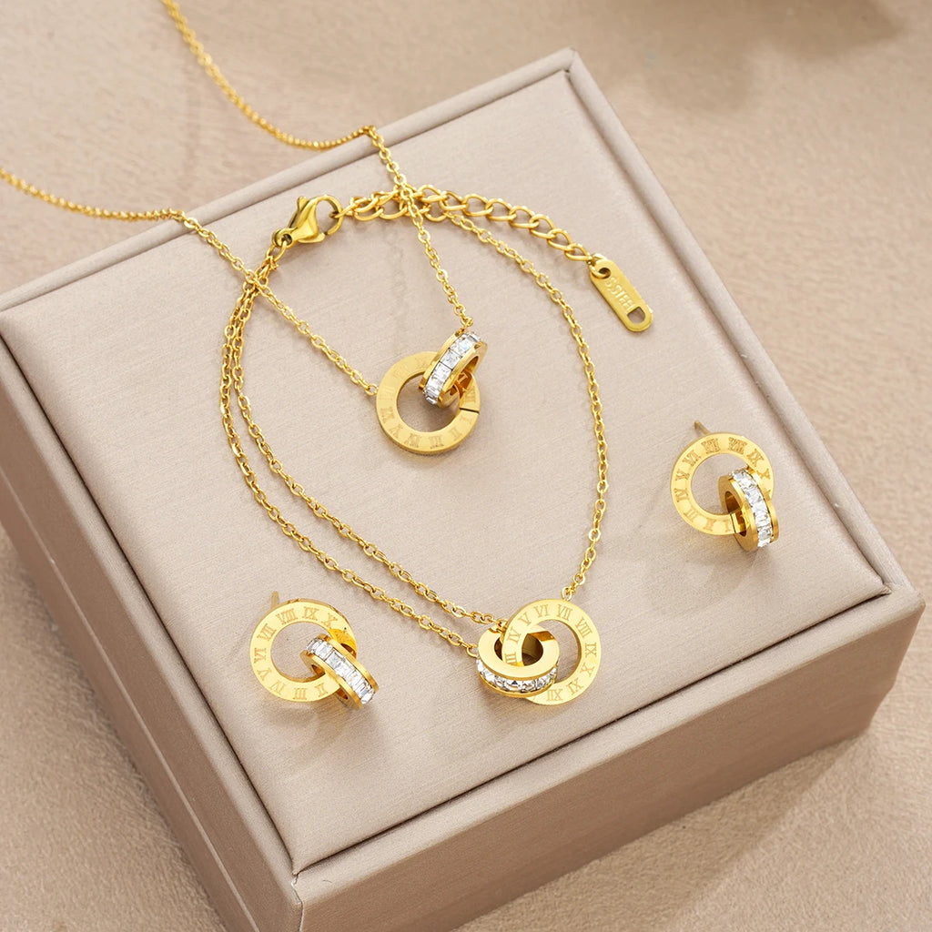 Elegant 4Pcs Jewelry Set Roman Numeral Circle Necklace Bracelet